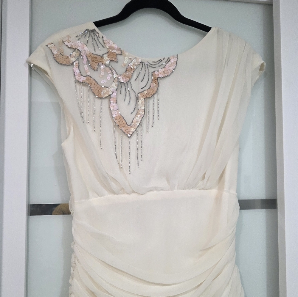 Algo Boutique 🌟 Vintage-Inspired Cream Chiffon Midi Embellished Dress - Picture 3 of 16